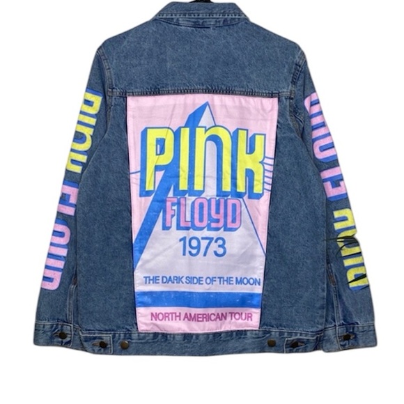 70s Upcycled Pink Floyd Lightwash Denim Jean Oversized Jacket Mens Womans Unisex - Picture 1 of 13